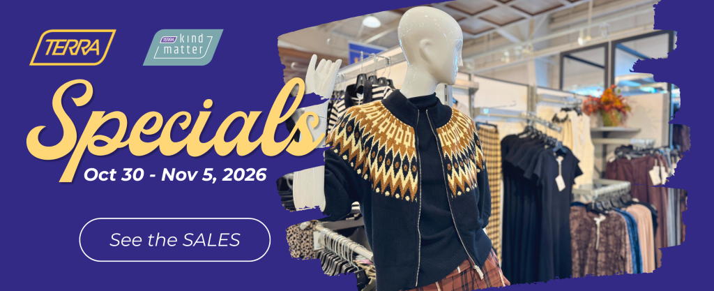 A mannequin in a fair aisle sweater advertises the weekly specials at TERRA